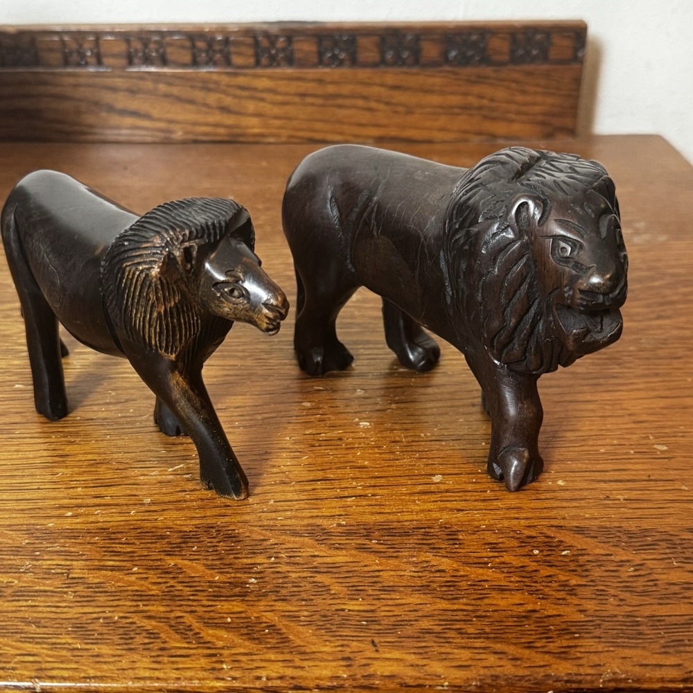 Hand Carved Wooden Lion Figurines Set of 2 Vintage Folk Art Safari